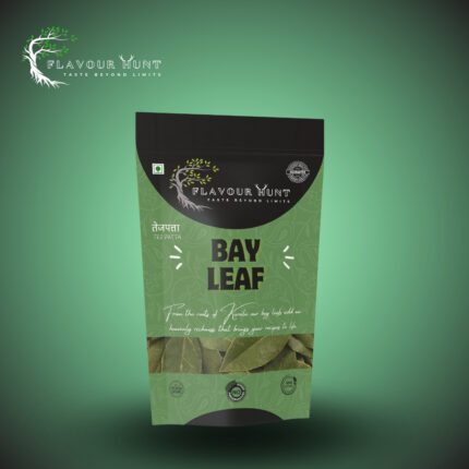 Standup pouch containing dried bay leaves. The pouch is clear, showcasing the whole, intact leaves inside. The pouch features a label with the product name and details, set against a neutral background.