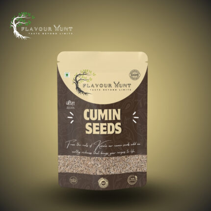 Standup pouch filled with whole cumin seeds. The clear pouch showcases the small, brown seeds inside, with a label displaying product details. The background is neutral to highlight the product.