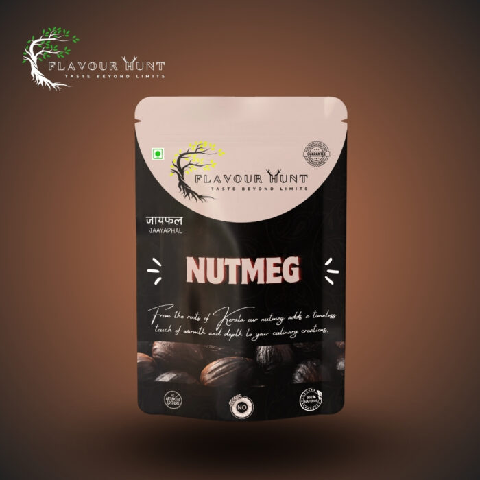 Standup pouch containing whole nutmeg and freshly ground nutmeg. The clear pouch showcases the nutmeg inside, with a label highlighting its Kerala origin and authenticity. The background is neutral to emphasize the product.