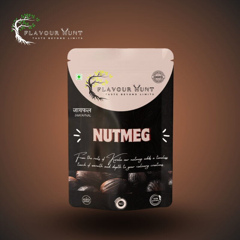 Standup pouch containing whole nutmeg and freshly ground nutmeg. The clear pouch showcases the nutmeg inside, with a label highlighting its Kerala origin and authenticity. The background is neutral to emphasize the product.