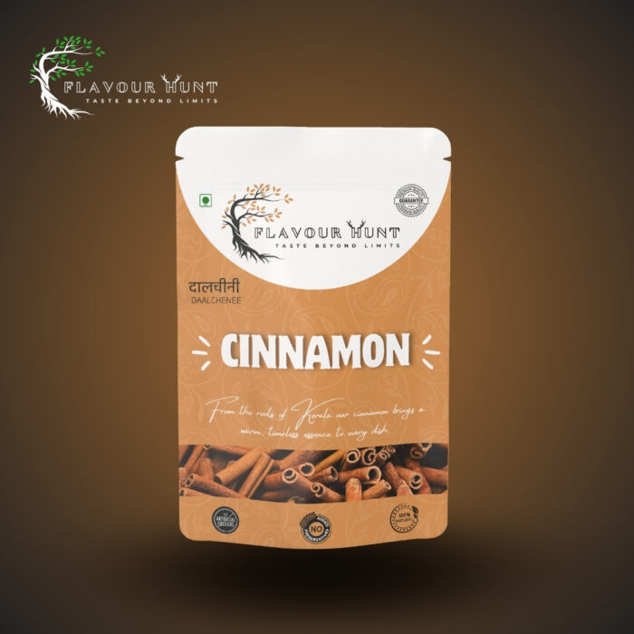 Standup pouch containing rolled cinnamon sticks. The clear pouch displays the coiled cinnamon sticks inside, with a label indicating their origin from Kerala. The background is neutral to highlight the product.