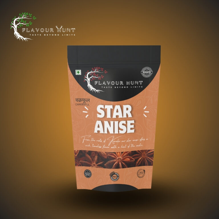 Standup pouch containing whole star anise. The clear pouch showcases the star-shaped spice pieces inside, with a label highlighting their origin from Kerala. The background is neutral to emphasize the product.” Short Description: “Premium star anise from Kerala, offering an exotic, aromatic flavor. Ideal for enhancing both sweet and savory dishes with its unique spice profile.” Product Description: “Immerse yourself in the exotic flavors of Kerala with our Premium Star Anise. Sourced directly from the renowned spice regions of Kerala, this whole star anise is cherished for its bold, aromatic qualities and distinctive taste. Harvested by skilled local farmers who uphold traditional practices, our star anise delivers a rich, sweet-spicy flavor that elevates your culinary creations. Whether used in stews, braises, or baked goods, its unique star-shaped pods infuse dishes with a warm, complex aroma and taste. Each batch of our star anise reflects the dedication and expertise of Kerala’s authentic spice farmers, committed to delivering exceptional quality and flavor. Enhance your kitchen with the true essence of Kerala’s vibrant spice heritage and enjoy the aromatic richness in every meal.