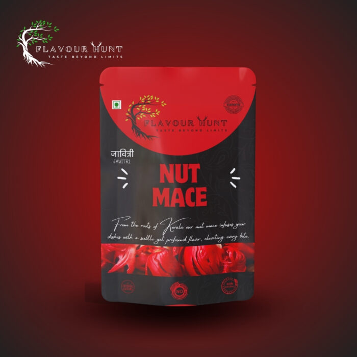 Container of Nut Mace spice with a fine, powdered texture. The spice is displayed with a rich, warm color and is set against a clean, neutral background. The container features a label with the product name and a floral design motif.