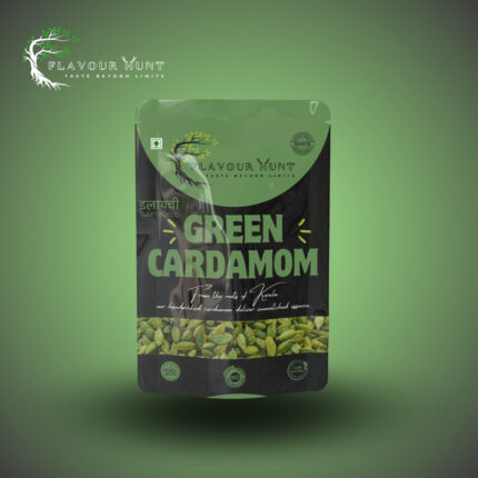 Standup pouch containing whole green cardamom pods. The clear pouch displays the small, green pods inside, with a label highlighting their origin from Kerala. The background is neutral to emphasize the product.