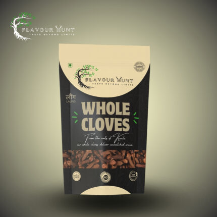 Standup pouch containing whole fresh cloves. The clear pouch displays the small, dark-brown cloves inside, with a label emphasizing their origin from Kerala. The background is neutral to highlight the product.